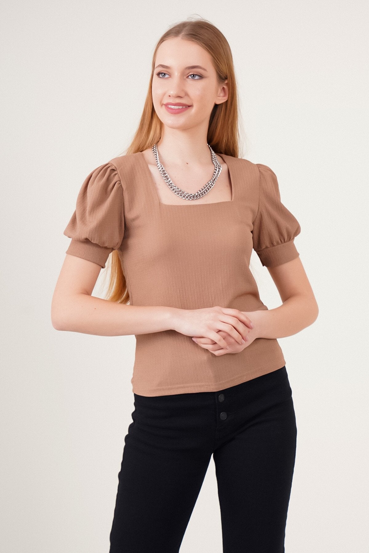 Kare Yaka Örme Bluz - B.Kahverengi 0409