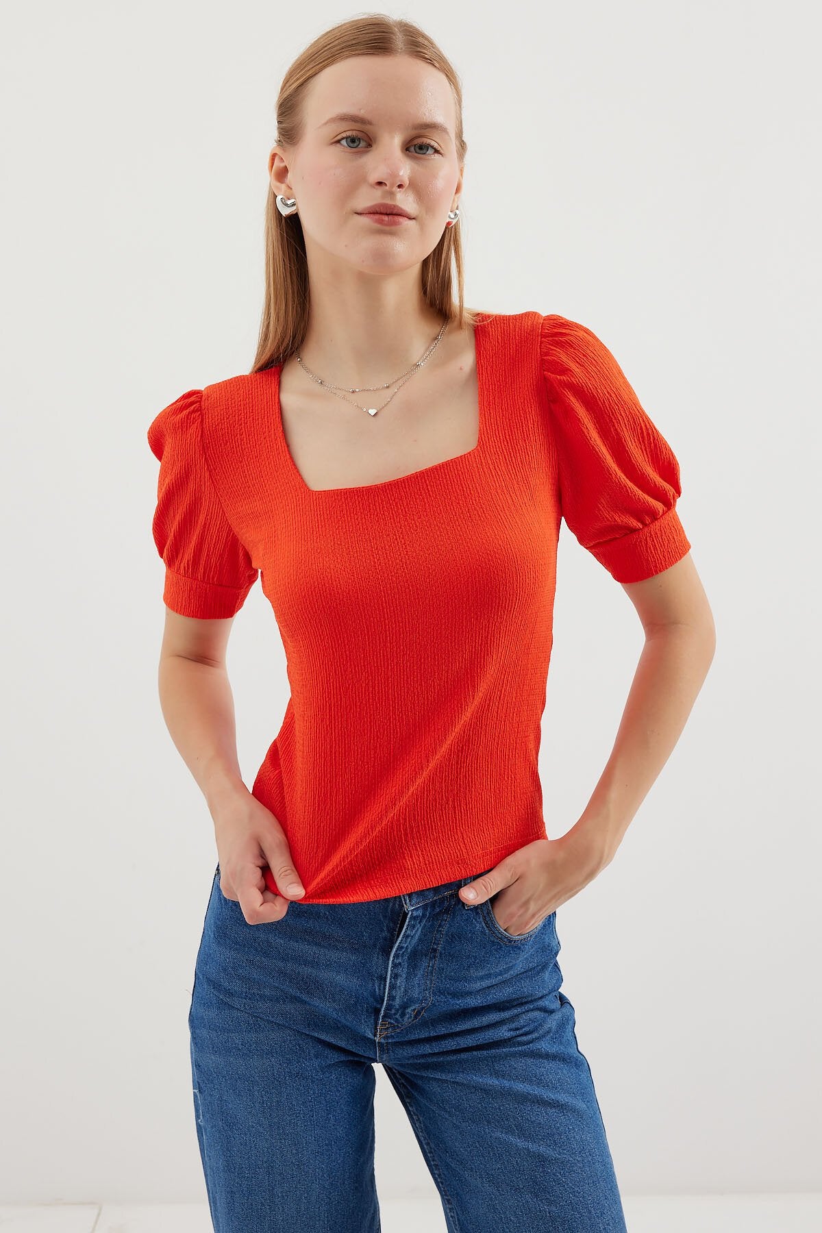 Kare Yaka Örme Bluz - Oranje 0409