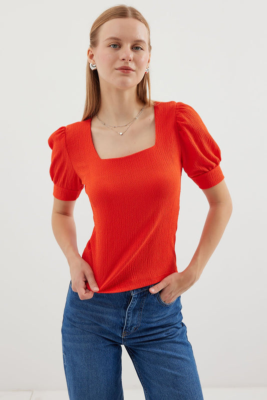 Kare Yaka Örme Bluz - Oranje 0409