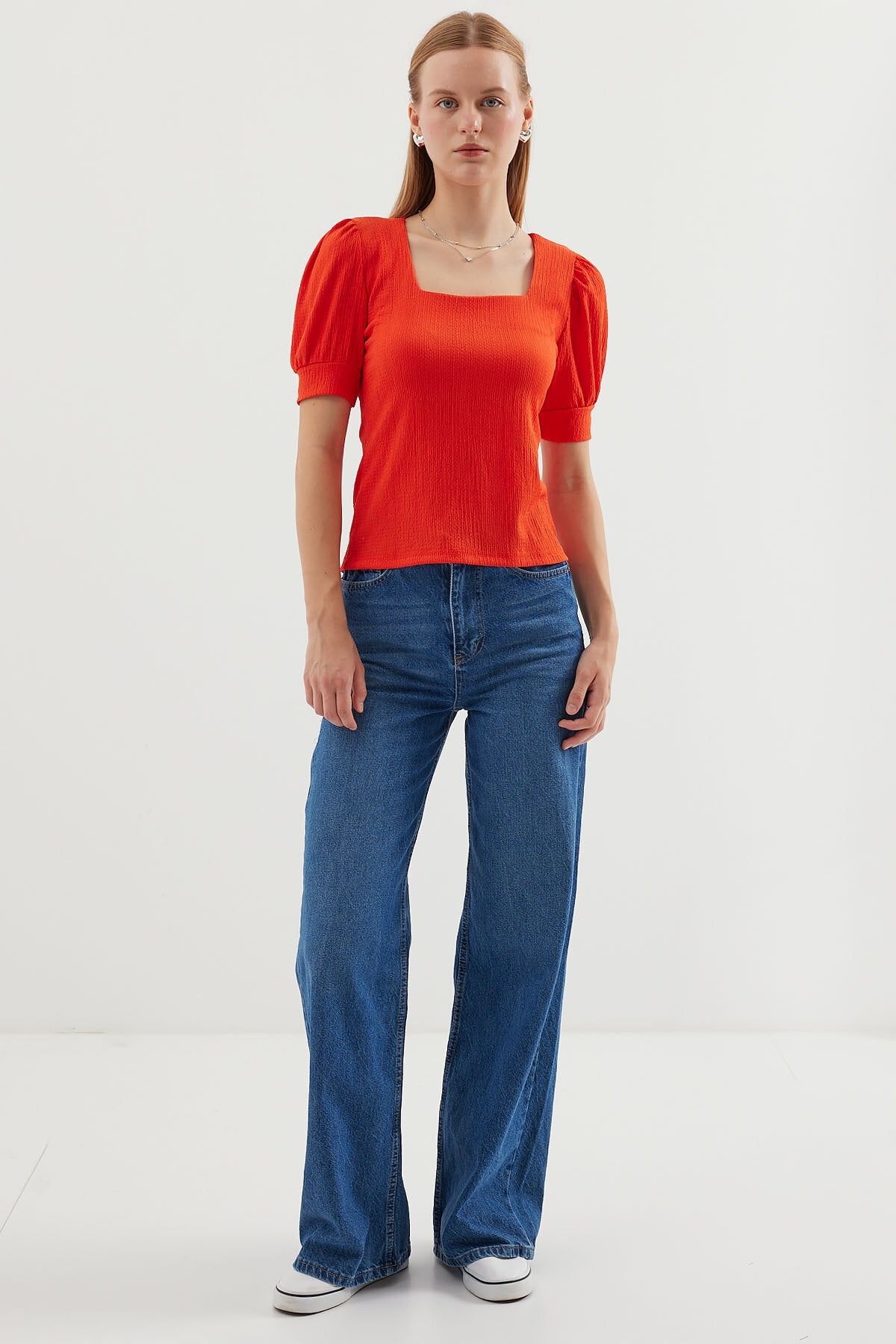 Kare Yaka Örme Bluz - Oranje 0409