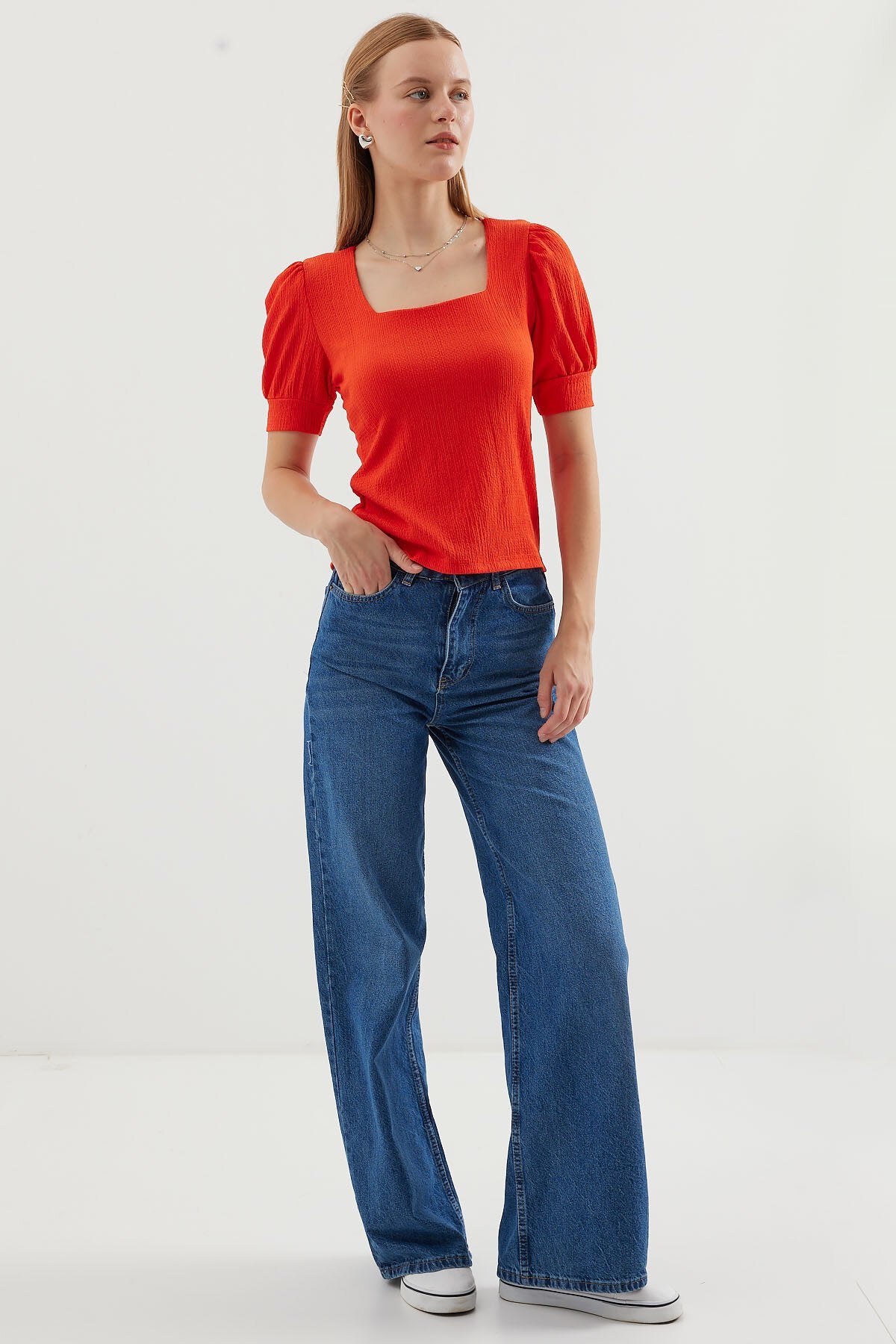 Kare Yaka Örme Bluz - Oranje 0409