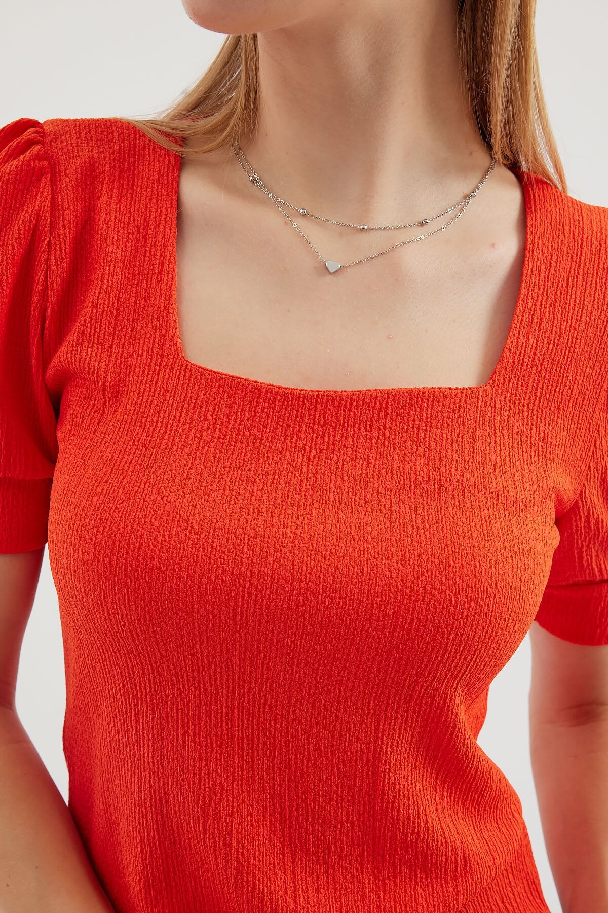 Kare Yaka Örme Bluz - Oranje 0409