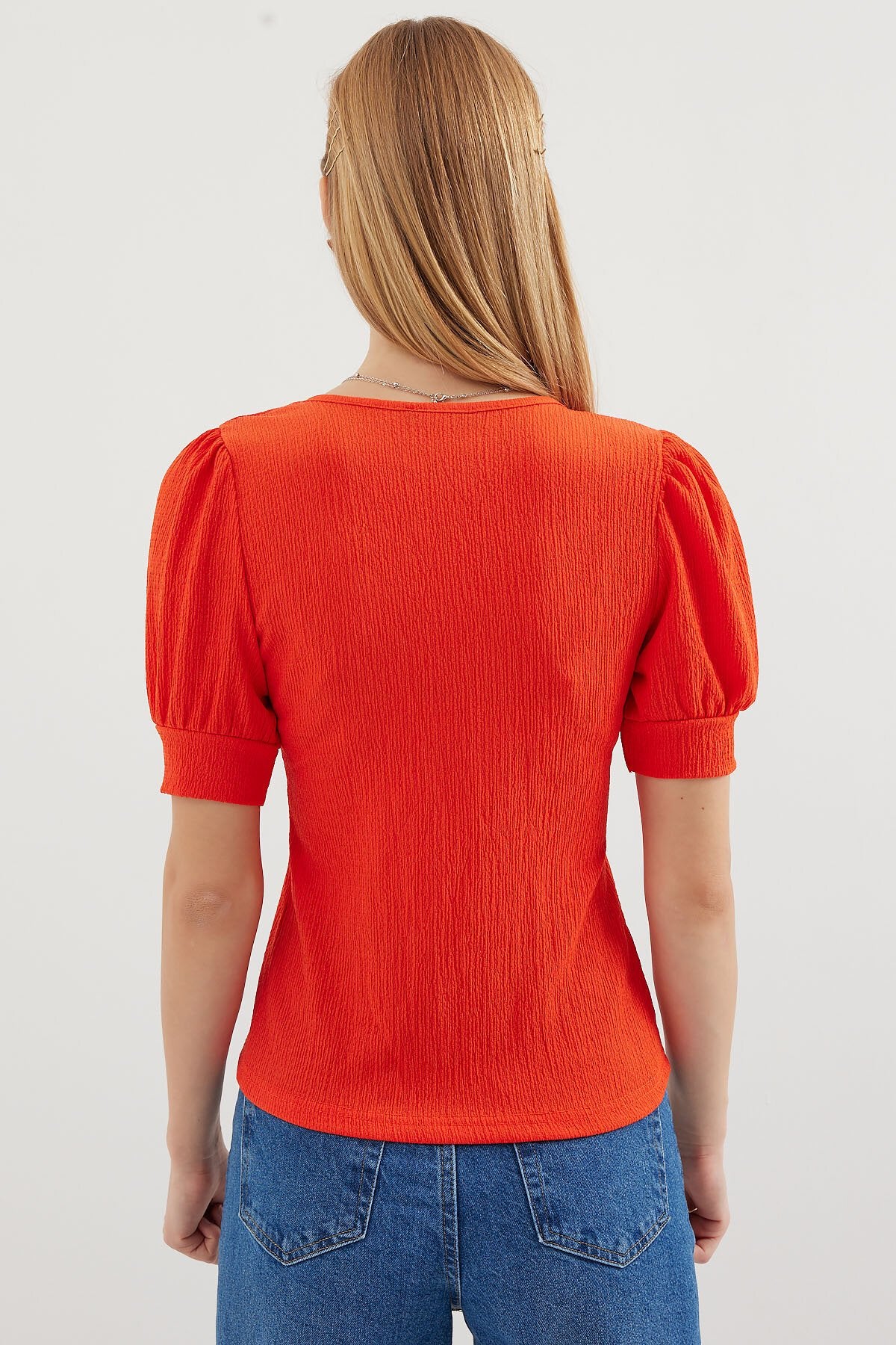 Kare Yaka Örme Bluz - Oranje 0409