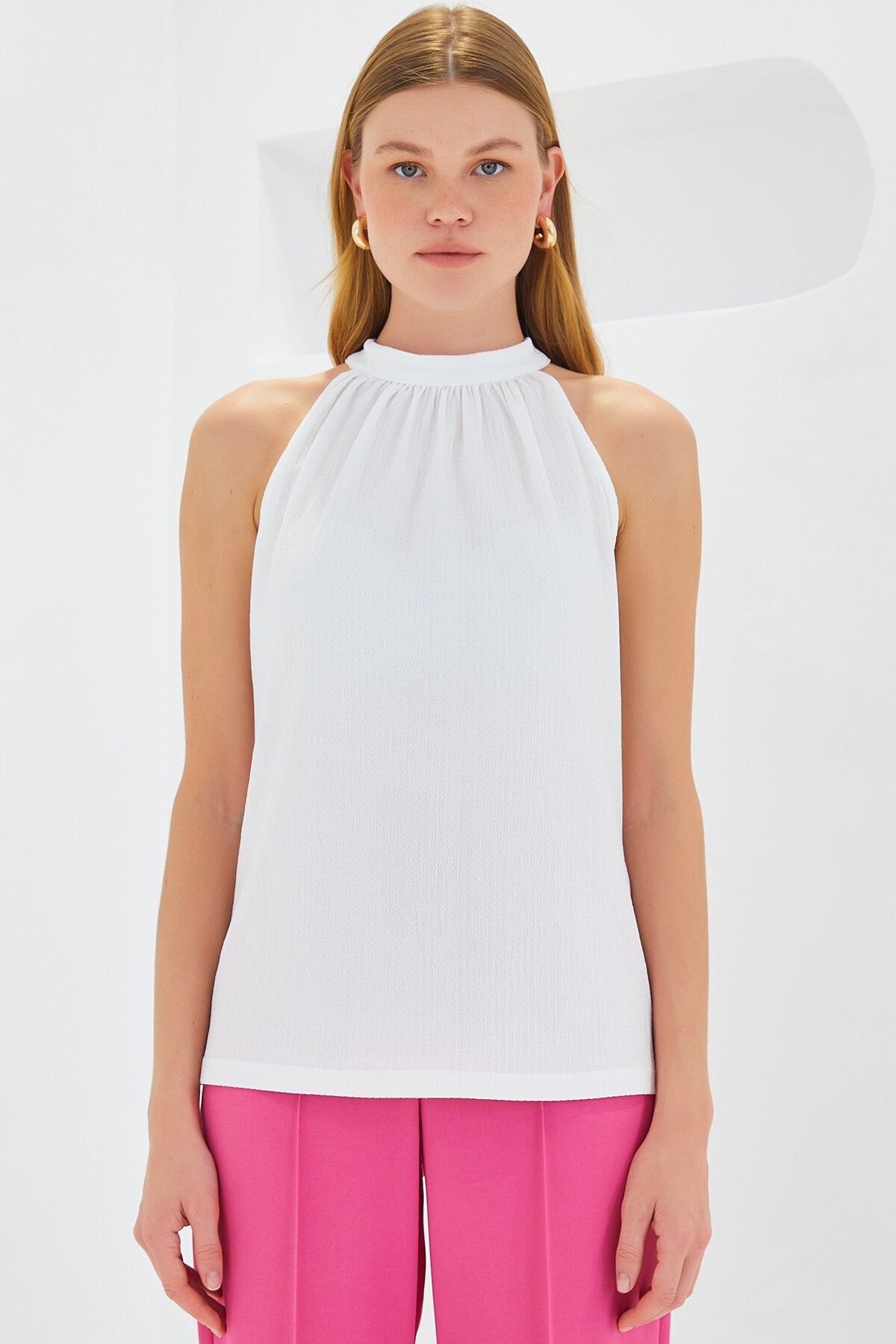 Halter Yaka Örme Bluz - Beyaz 0489