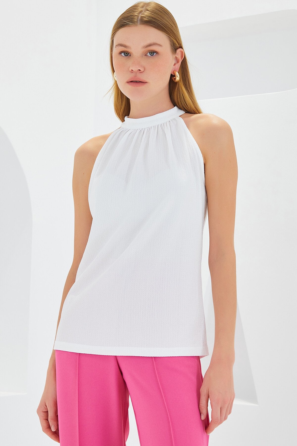 Halter Yaka Örme Bluz - Beyaz 0489