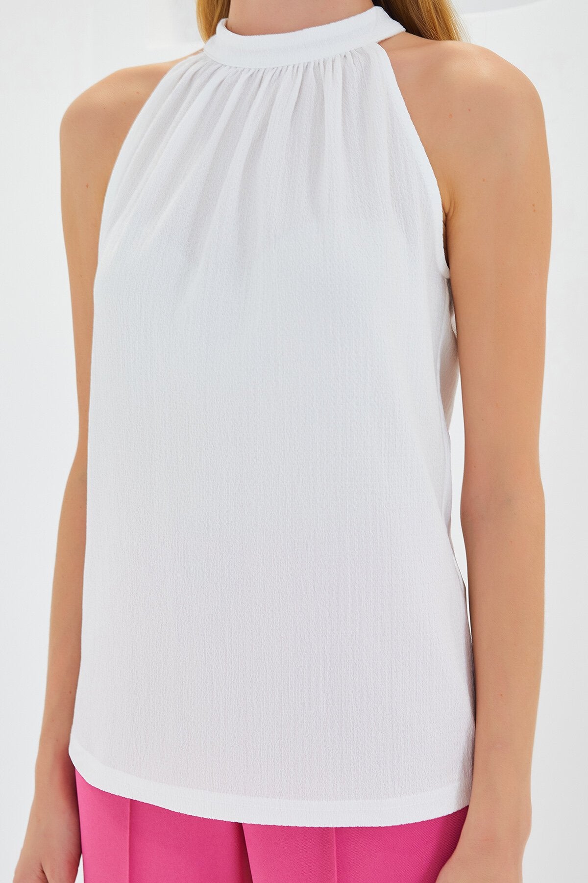 Halter Yaka Örme Bluz - Beyaz 0489