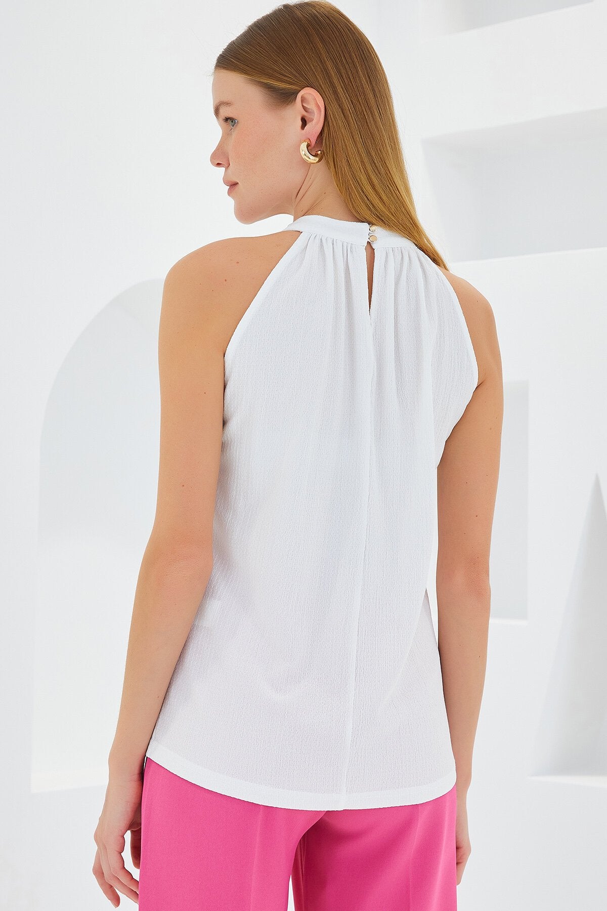 Halter Yaka Örme Bluz - Beyaz 0489
