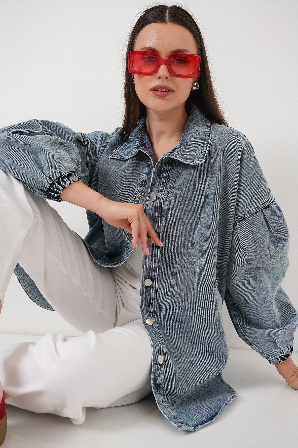 Merterium 0662 Denim Balon Kollu Kot Ceket - Mavi