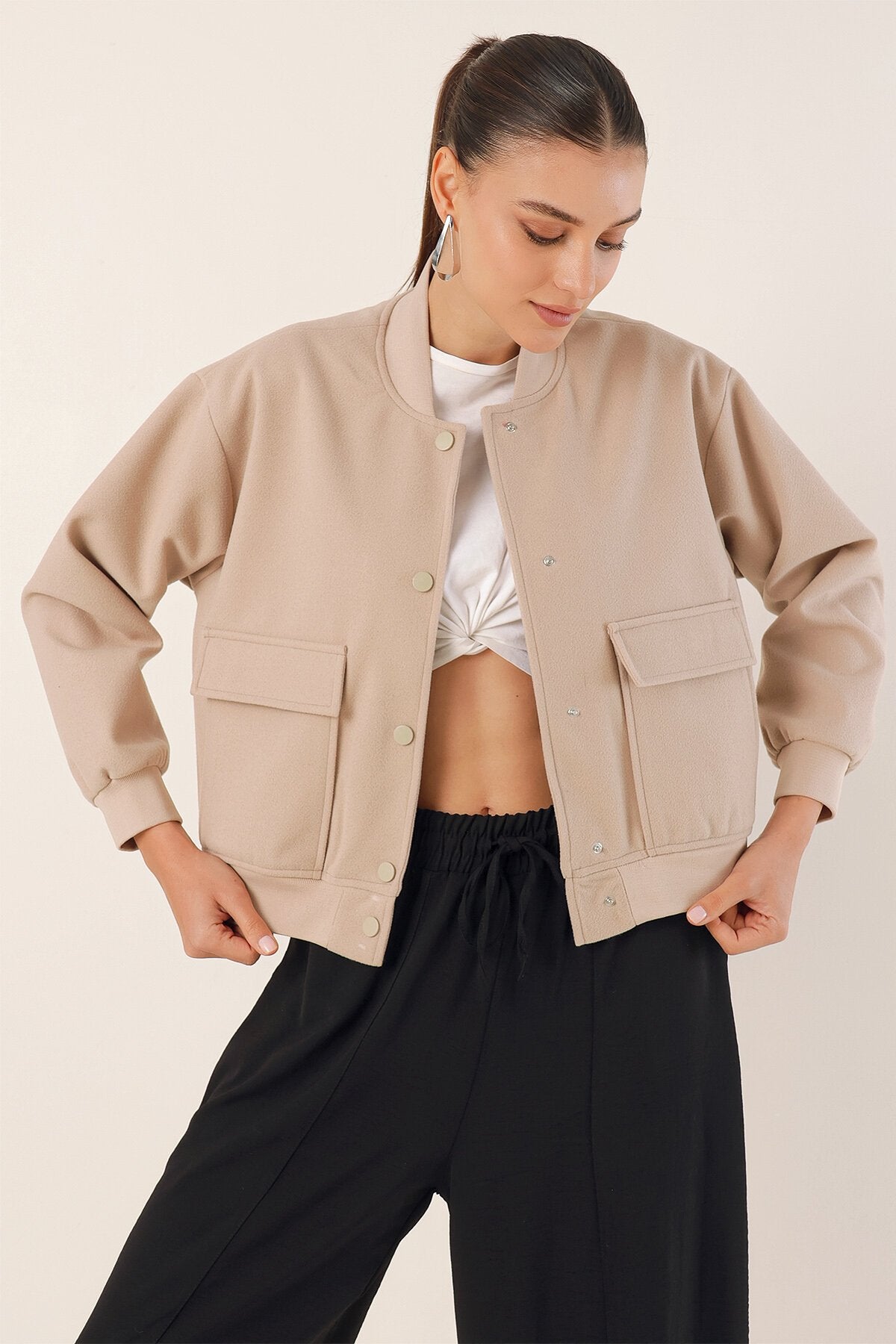 Merterium 0688 Çift Cepli Bomber Ceket - Bej