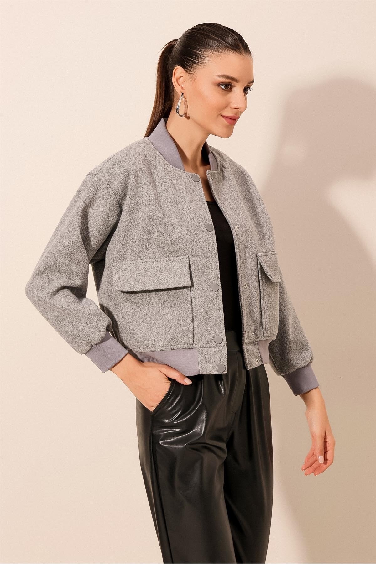 Merterium 0688 Çift Cepli Bomber Ceket - Gri