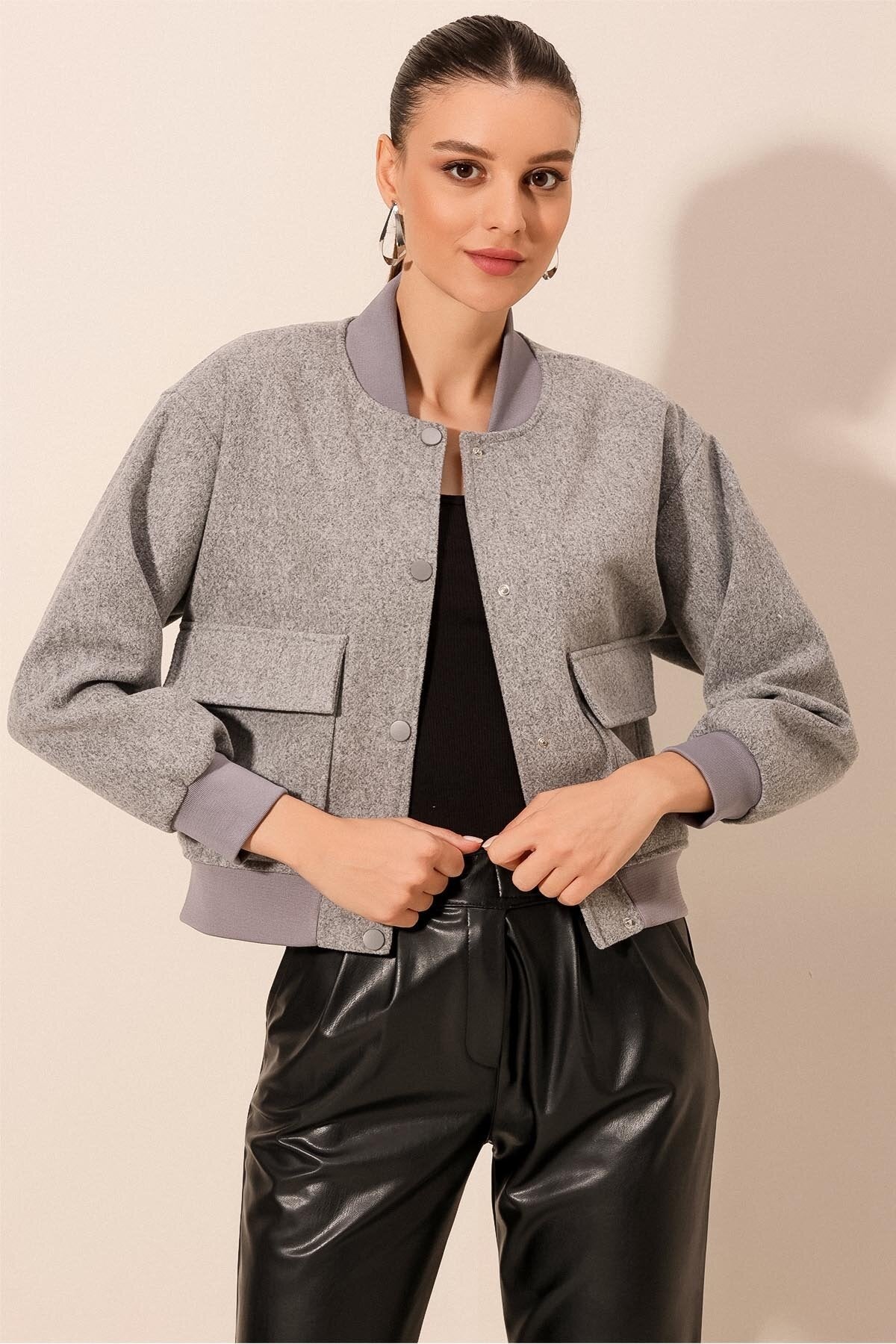 Merterium 0688 Çift Cepli Bomber Ceket - Gri