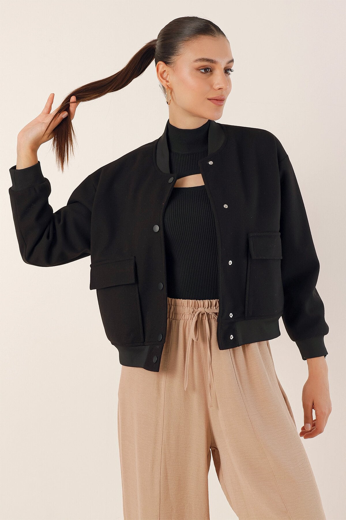 Merterium 0688 Çift Cepli Bomber Ceket - Siyah