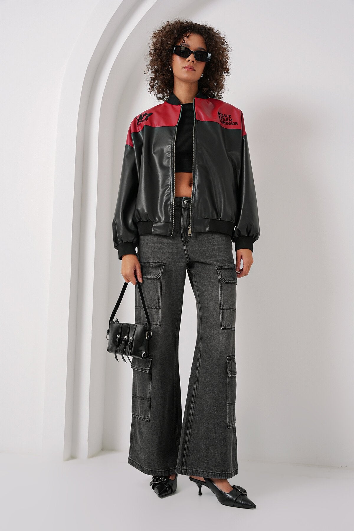 Merterium 0698 Baskılı Suni Deri Bomber Ceket - Bordo