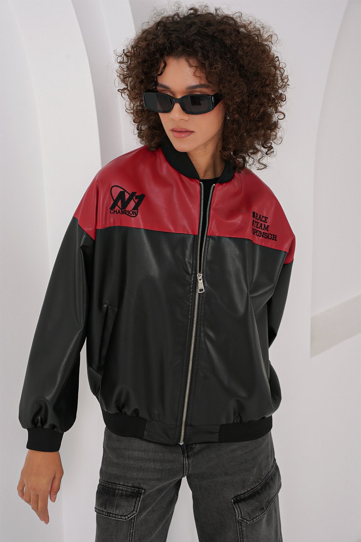 Merterium 0698 Baskılı Suni Deri Bomber Ceket - Bordo