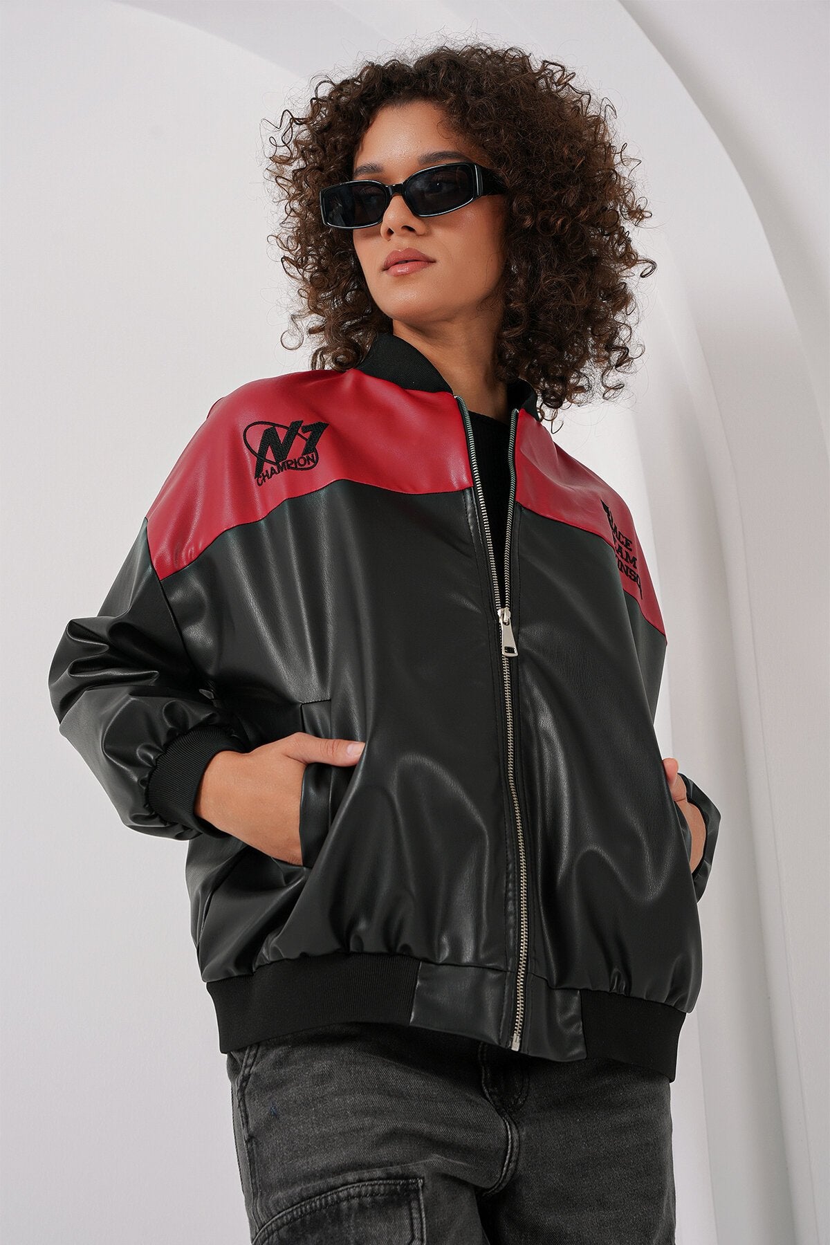 Merterium 0698 Baskılı Suni Deri Bomber Ceket - Bordo
