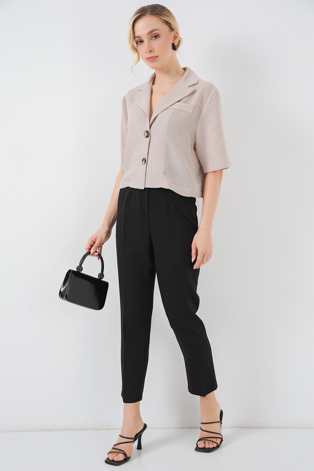 0706 Crop Keten Ceket - Bej