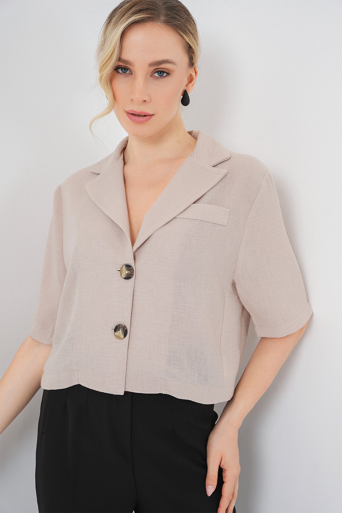 0706 Crop Keten Ceket - Bej