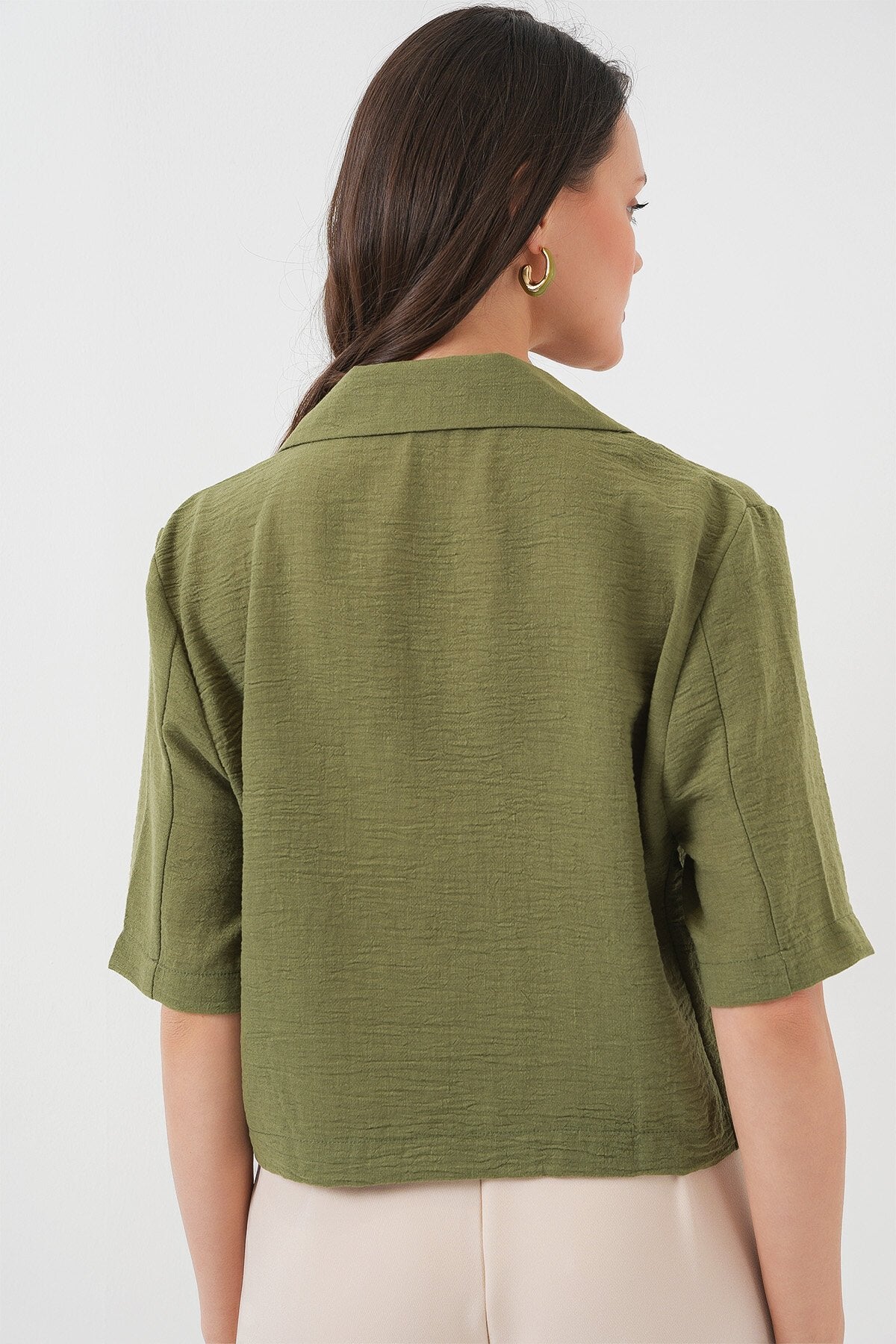 0706 Crop Keten Ceket - Haki