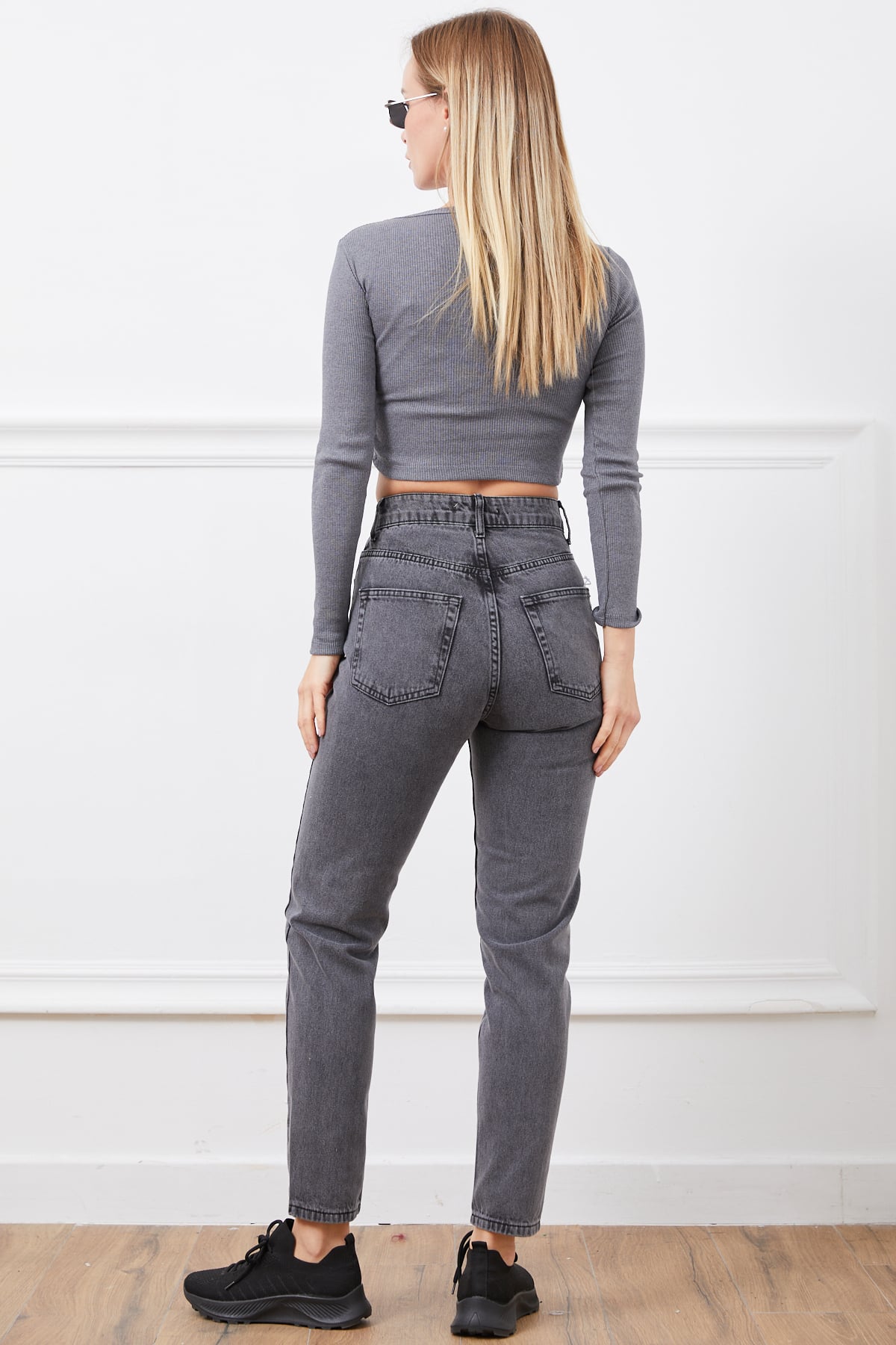 Yüksek Bel Mom Jean Pantolon Antrasit
