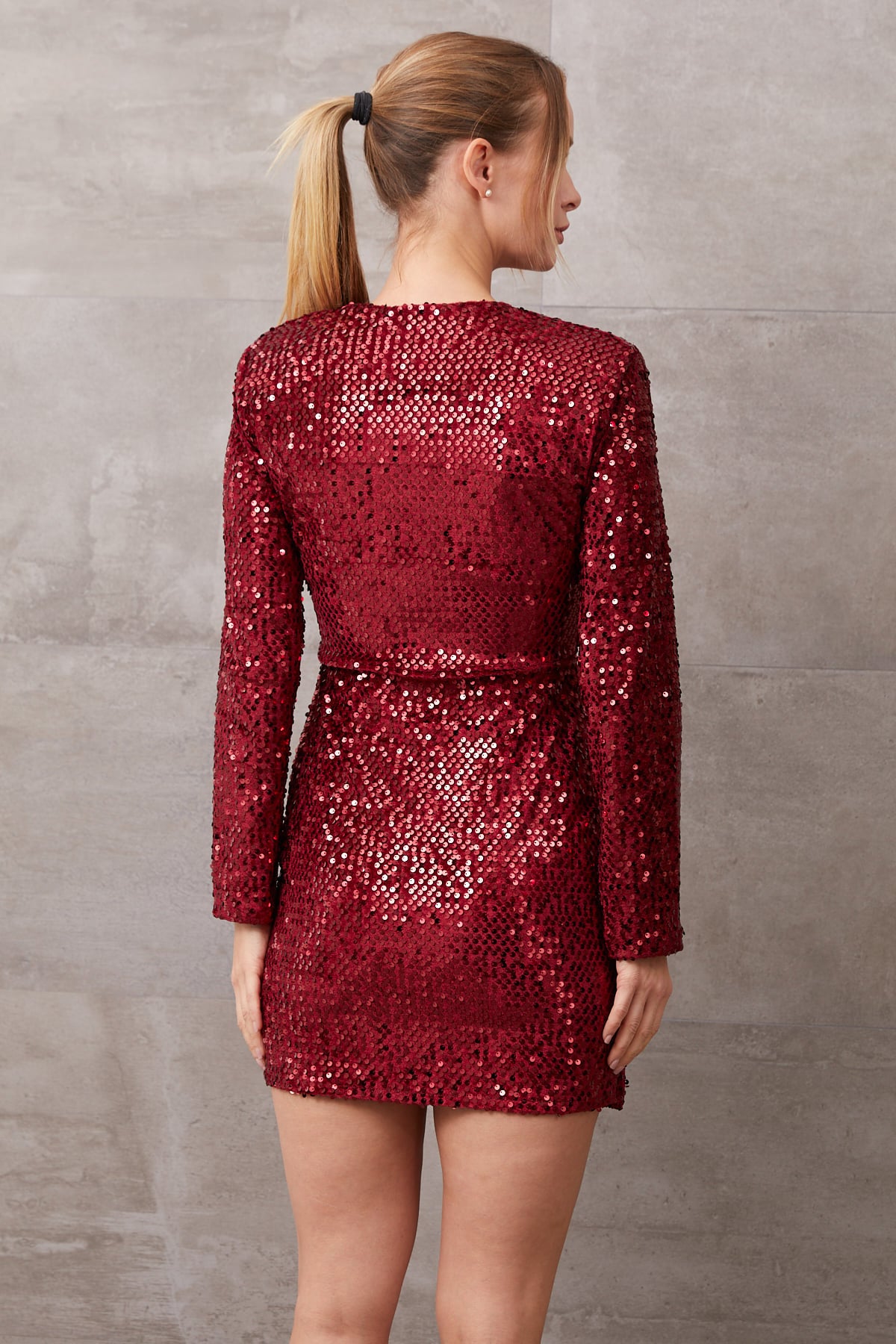 Kruvaze Yaka Pul Payet Elbise Bordo