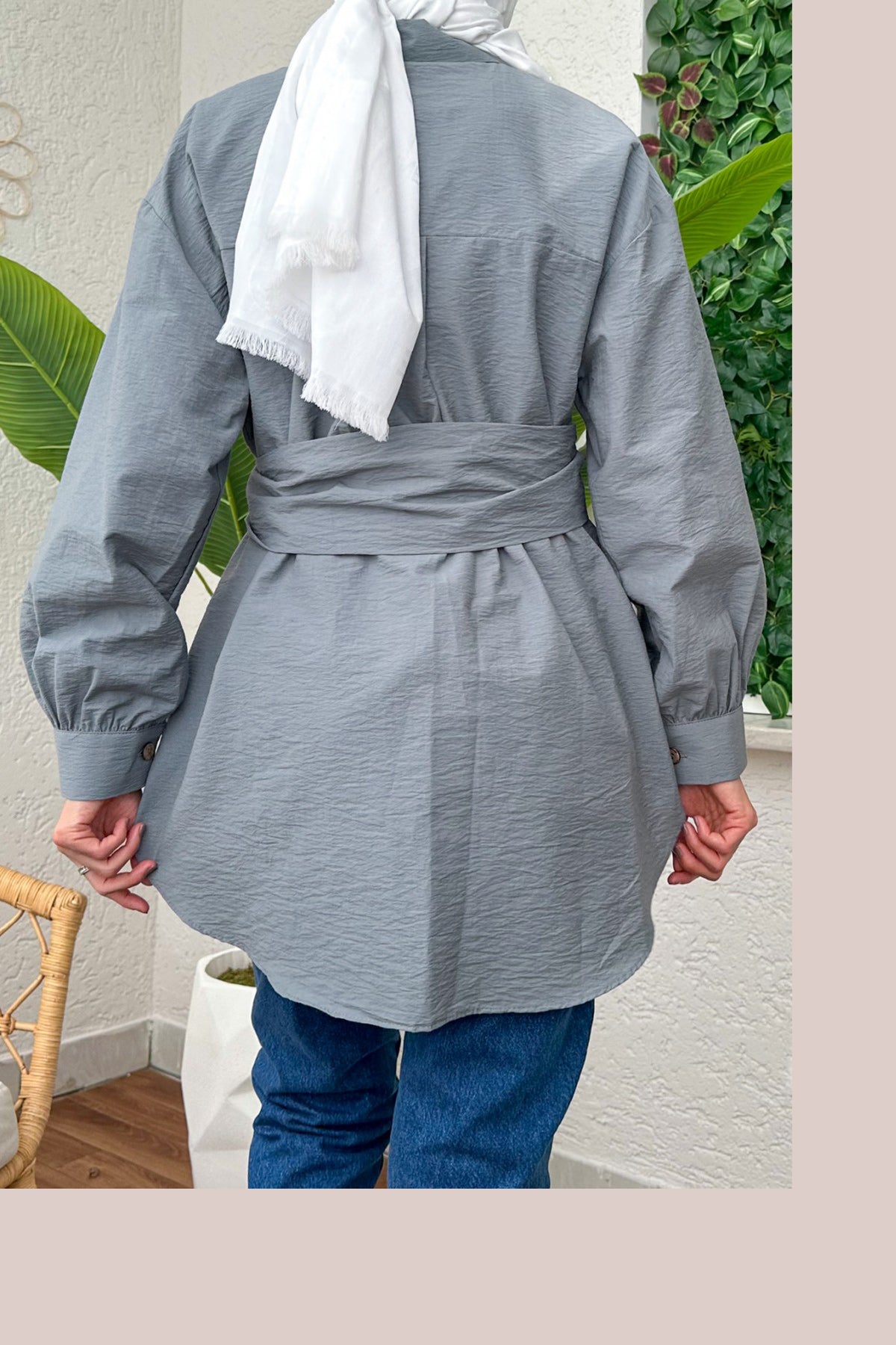 Kuşak Detaylı Tunik Gri