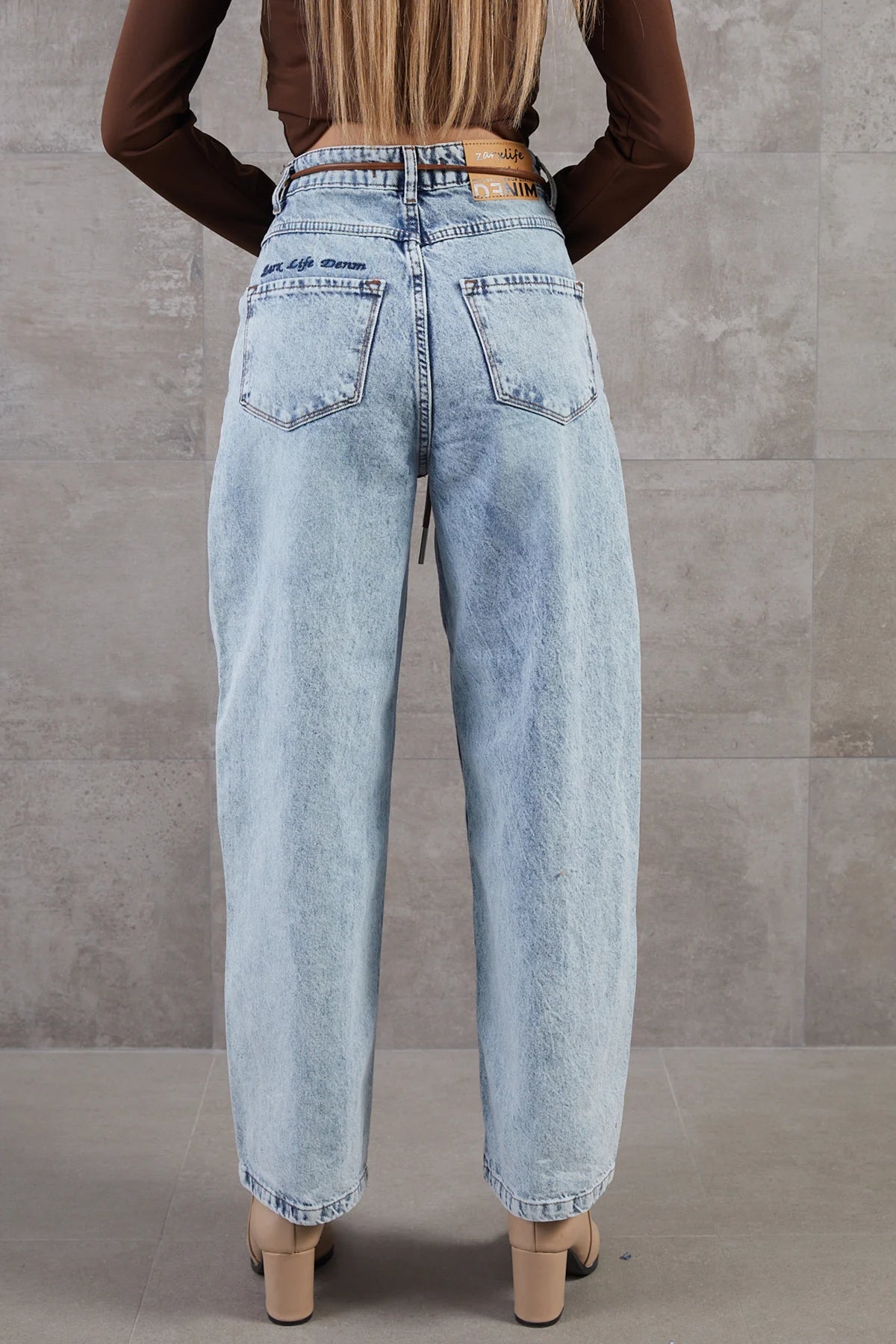 Yüksek Bel Salaş Paça Denim Kot Pantolon Açık Mavi