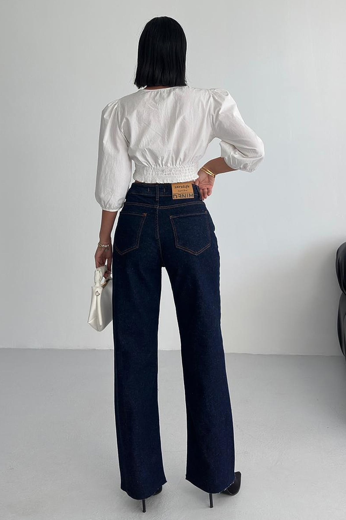 Yüksek Bel Kesik Paça Kot Pantolon Lacivert