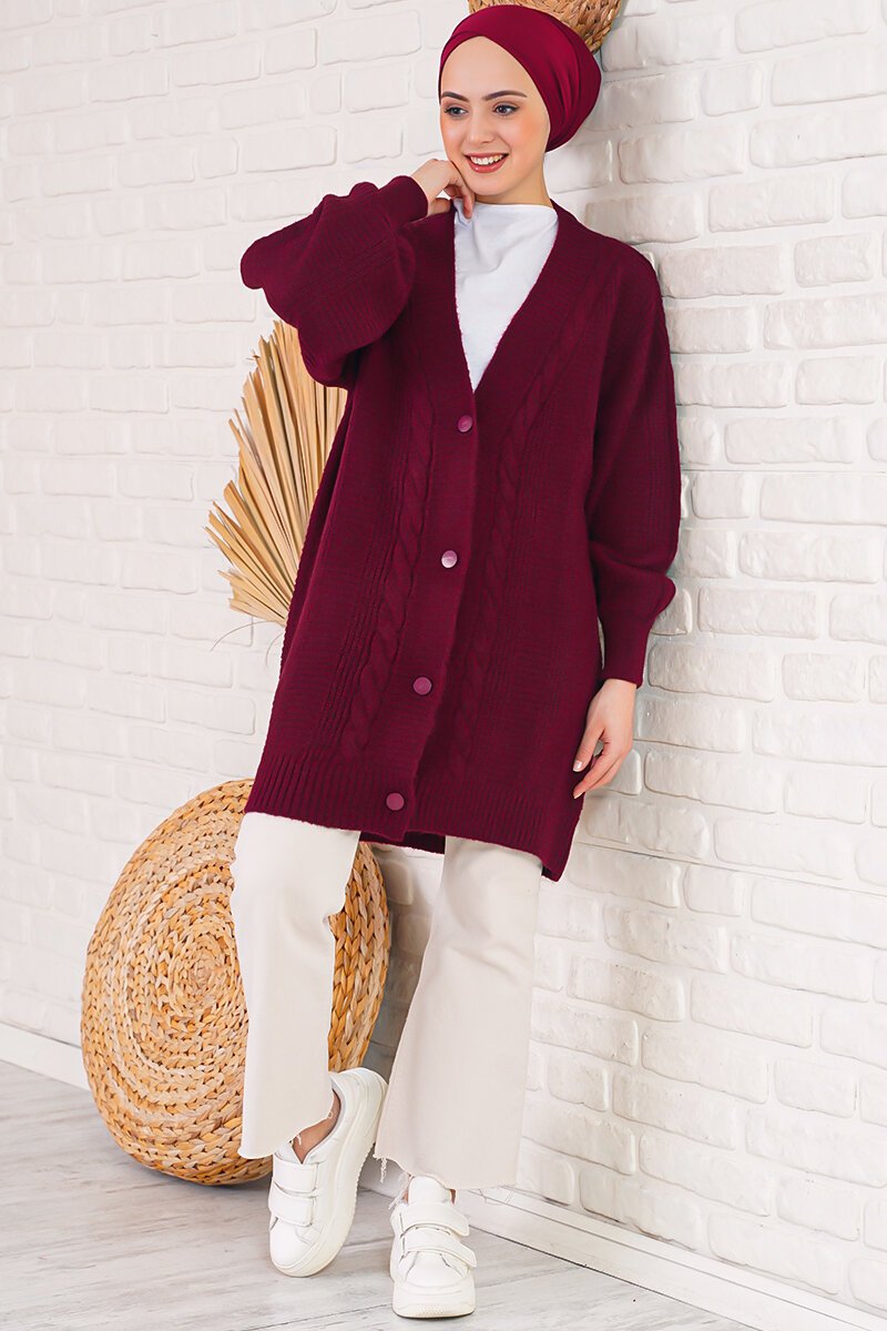 Merterium 15768 Tesettür Triko Hırka - Bordo