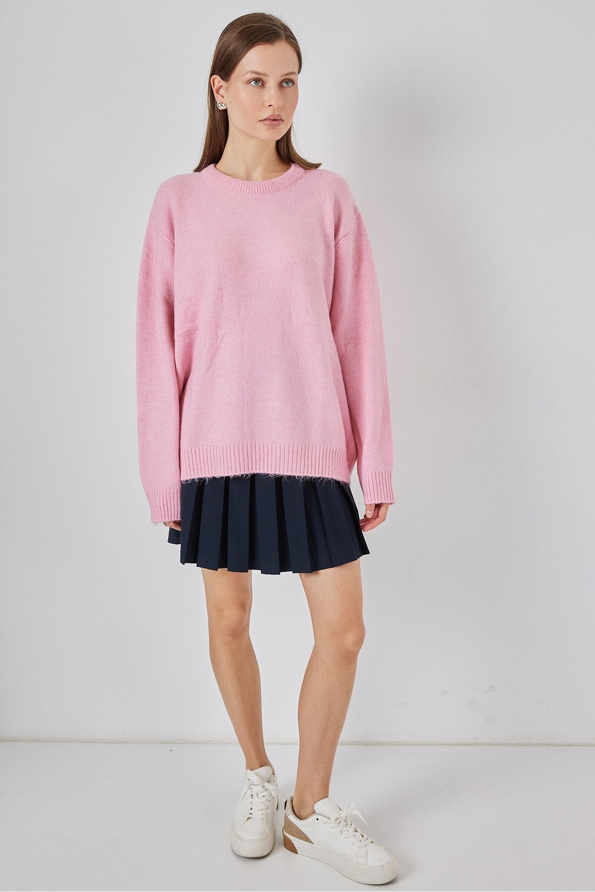 15895 Baklava Desenli Oversize Triko Kazak - A. Pembe