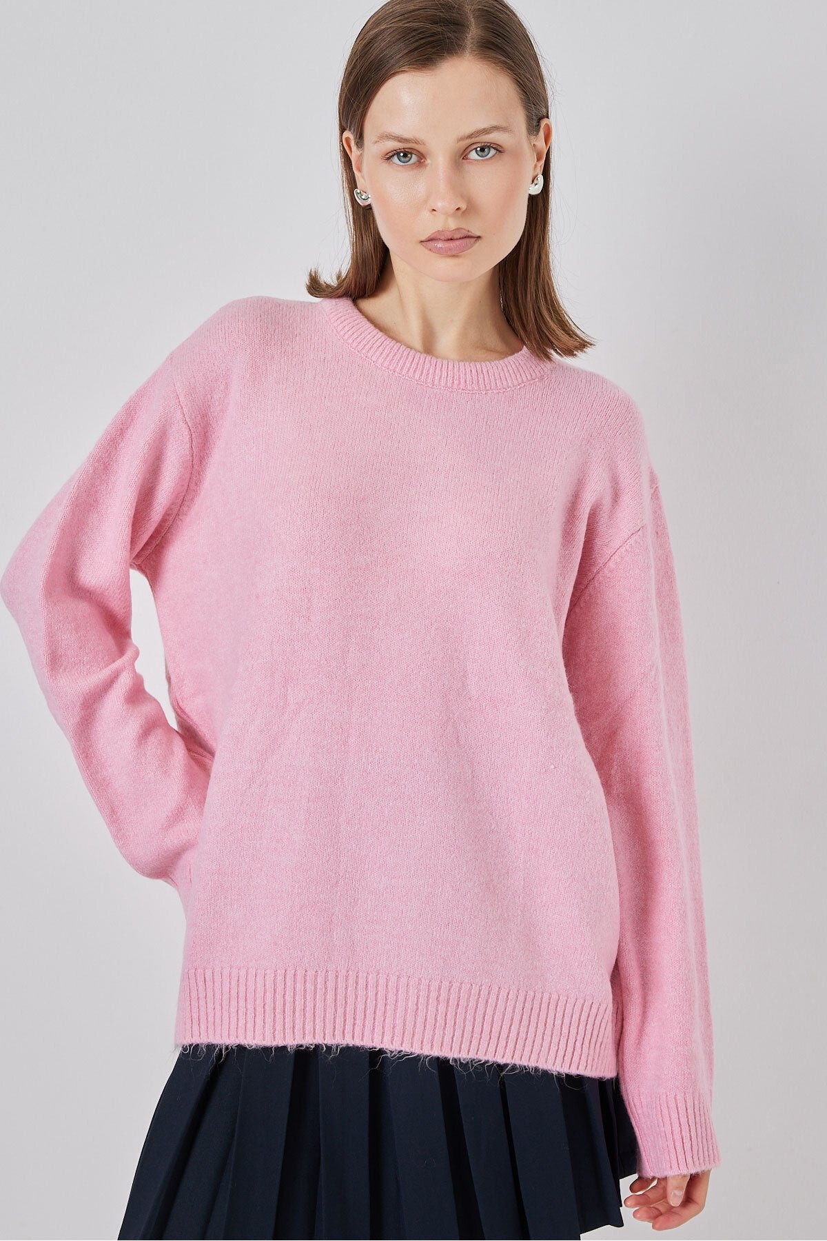 15895 Baklava Desenli Oversize Triko Kazak - A. Pembe