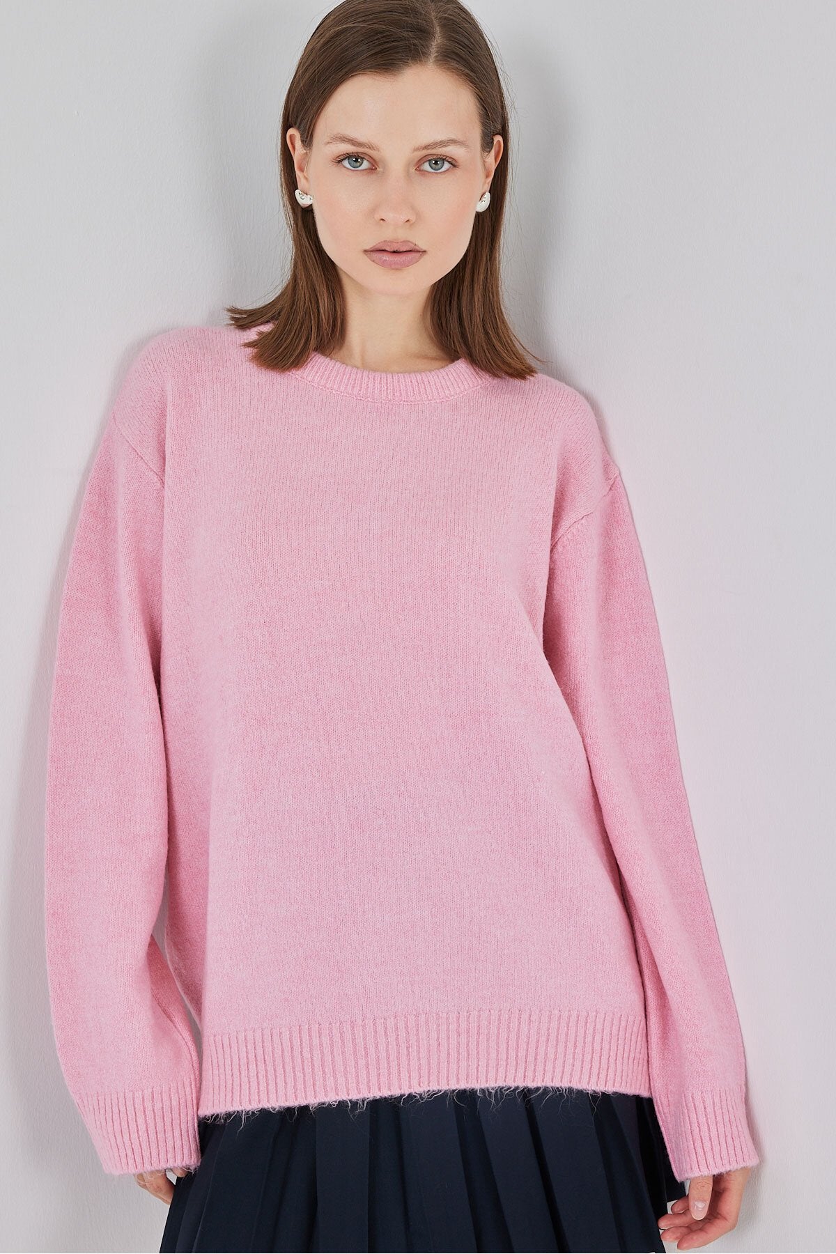 15895 Baklava Desenli Oversize Triko Kazak - A. Pembe