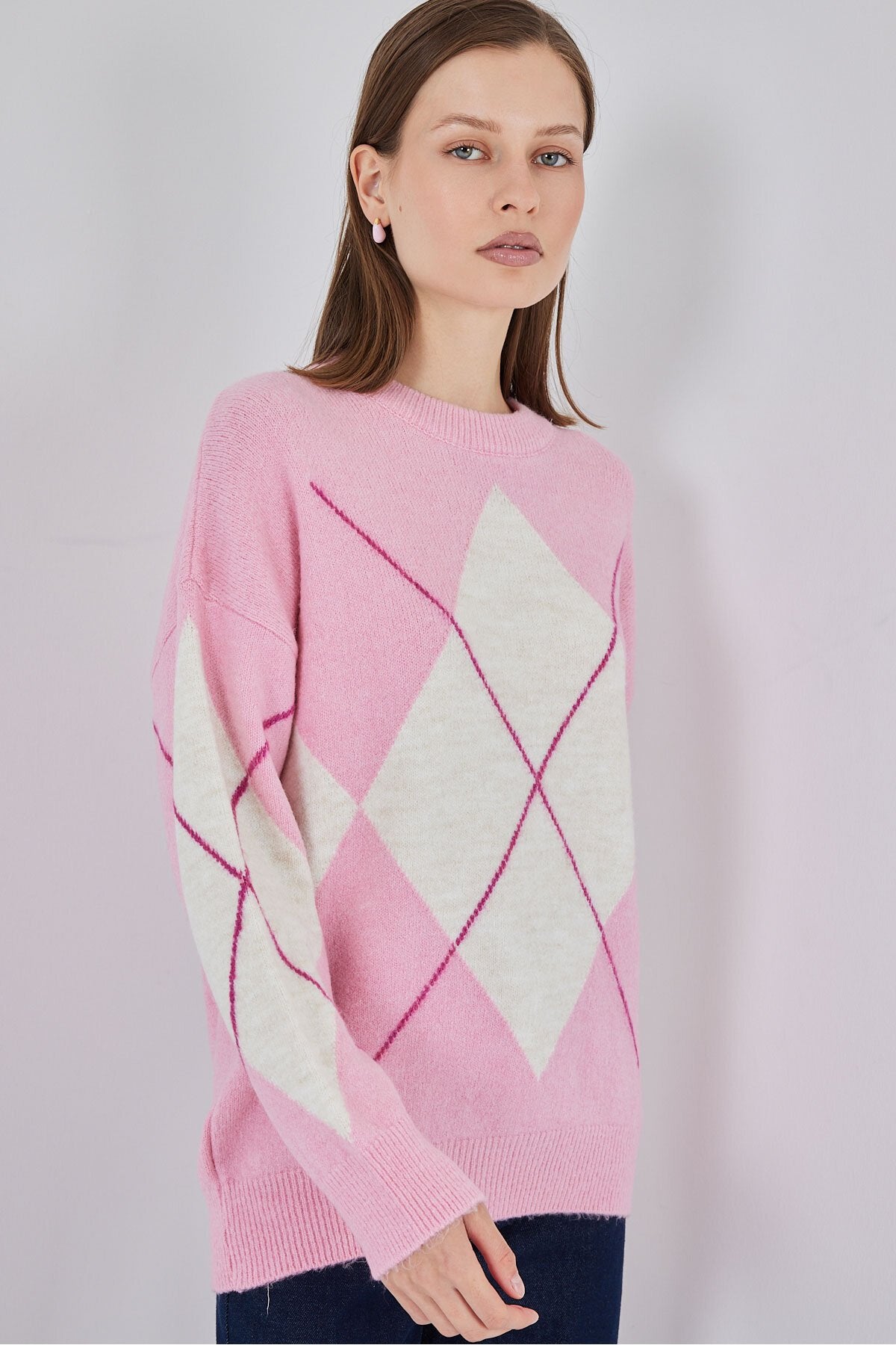15895 Baklava Desenli Oversize Triko Kazak - C. Pembe