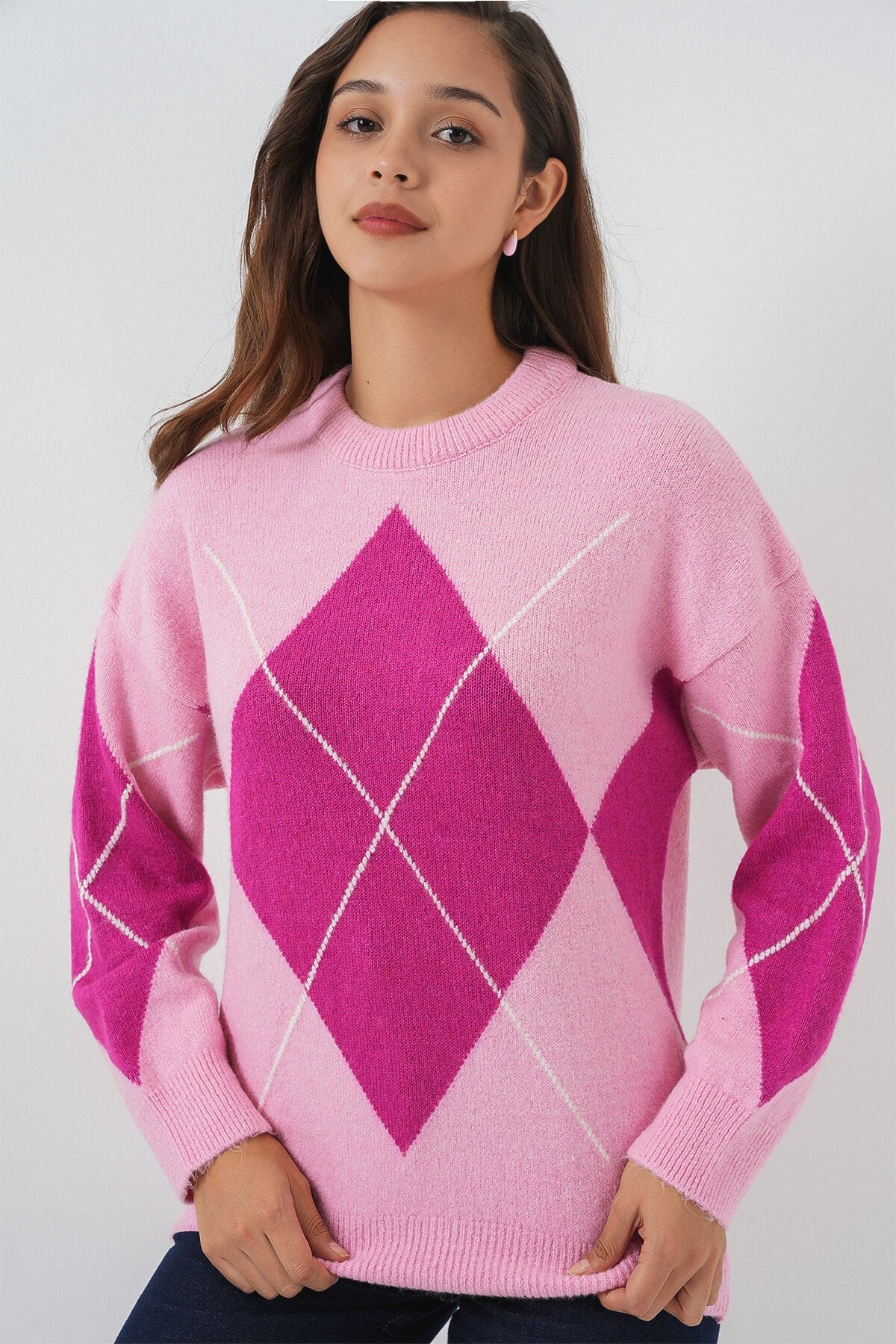 15895 Baklava Desenli Oversize Triko Kazak - D.Pembe