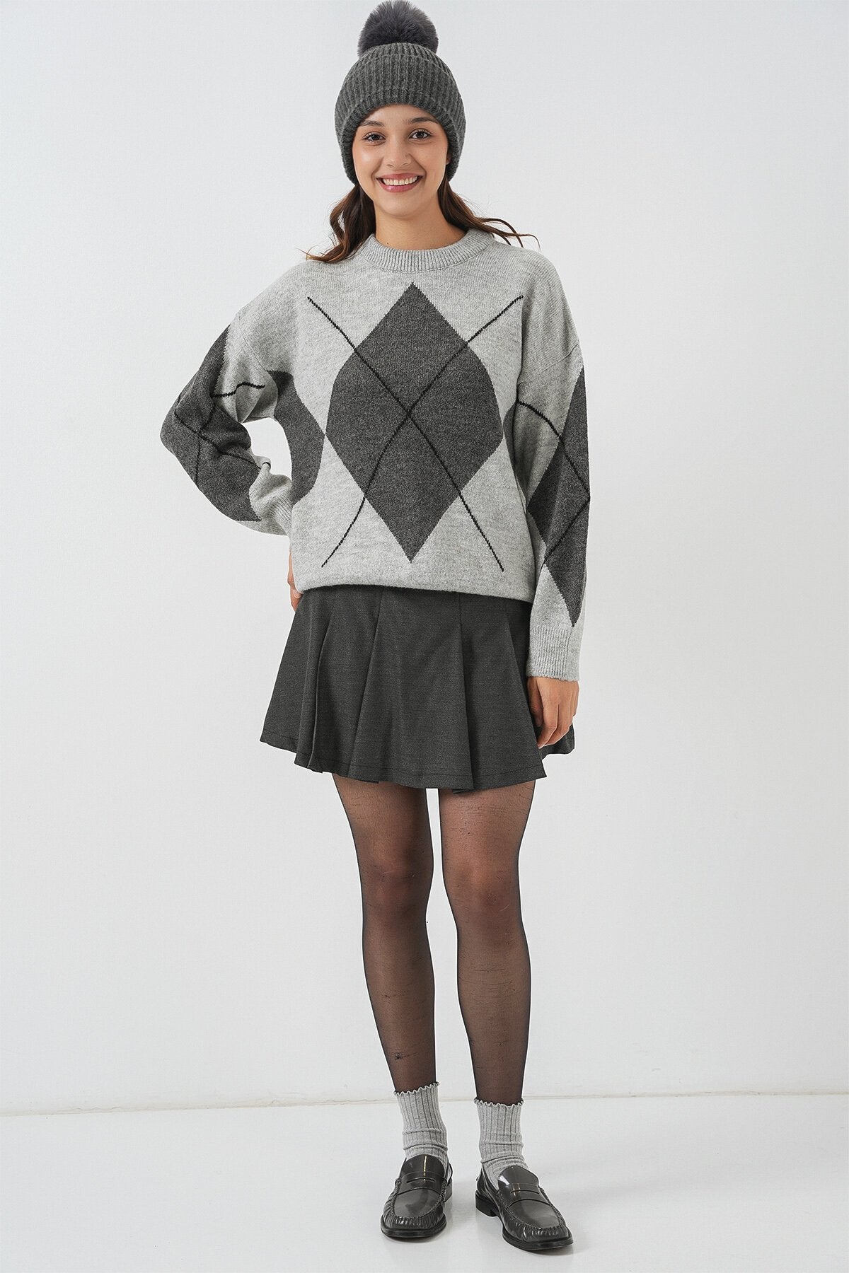 15895 Baklava Desenli Oversize Triko Kazak - F.Gri