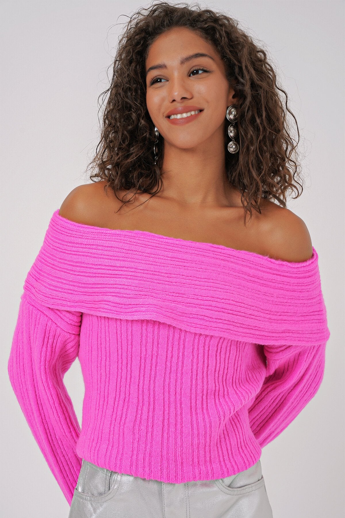 Merterium 15908 Kadın Açık Omuz Oversize Triko Kazak - Pembe