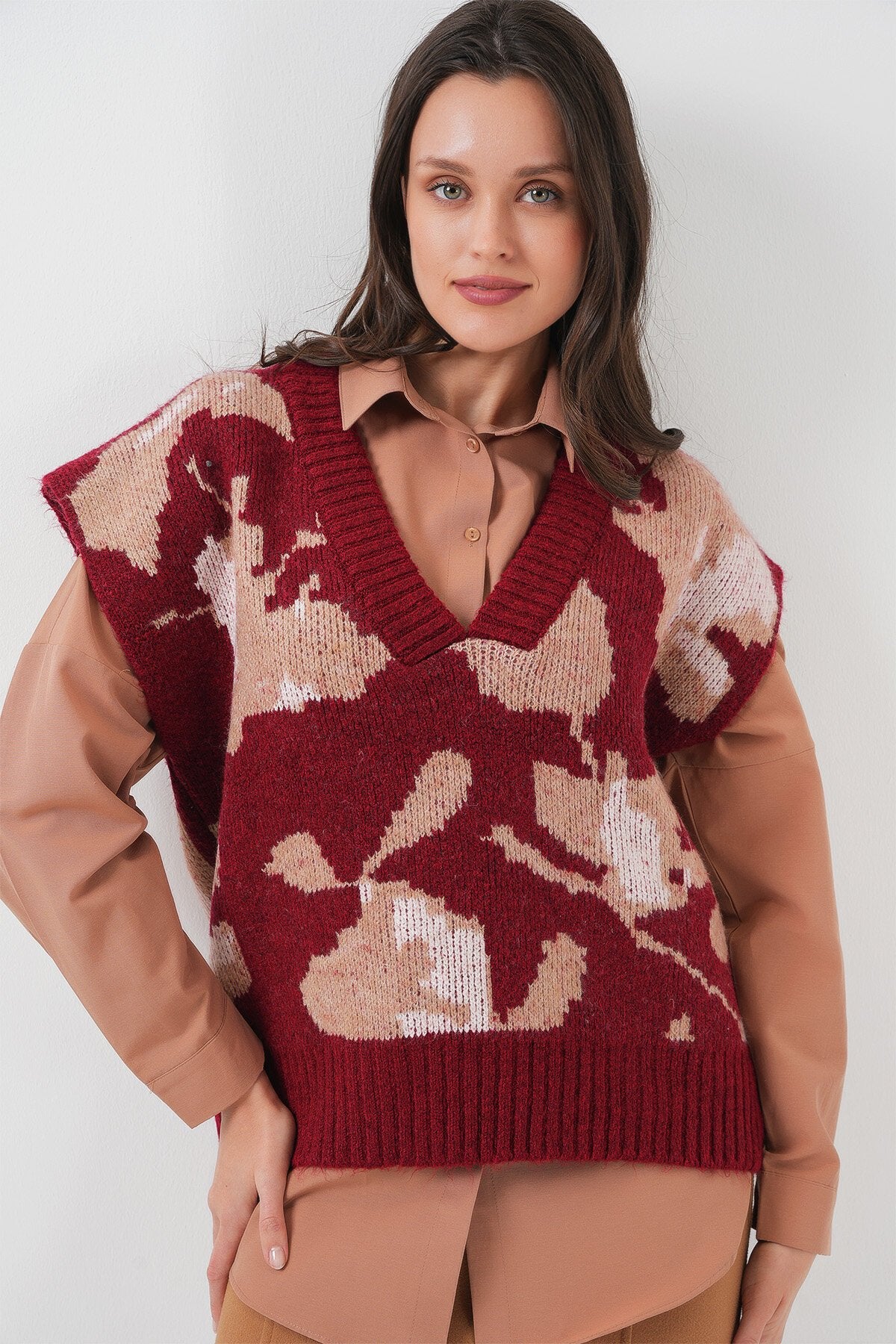 Merterium 15923 Kadın Oversize Triko Süveter - Bordo
