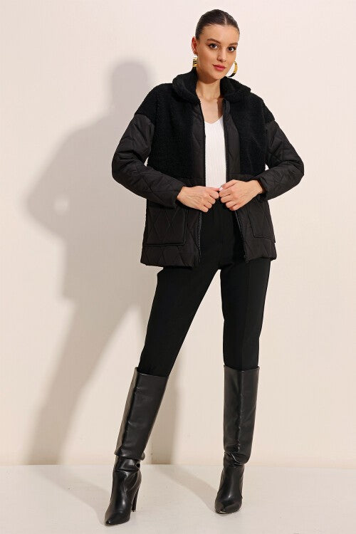 Peluş Detaylı Oversize Şişme Mont - Siyah 5182