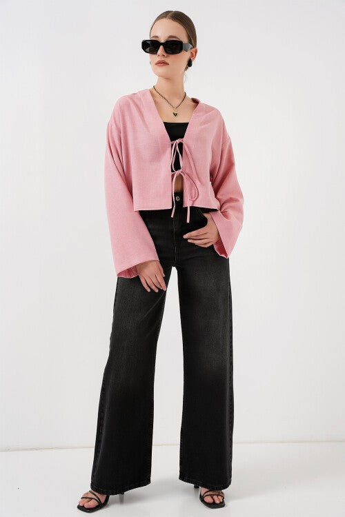 Önü Bağlamalı Keten Kimono 960 - Pudra