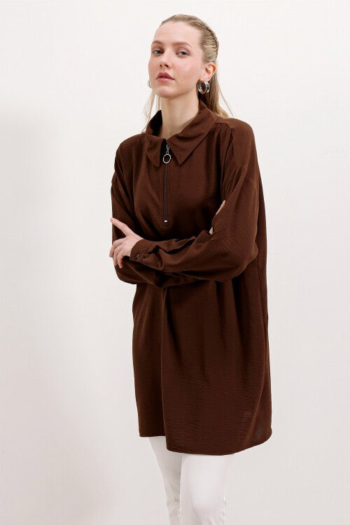 Fermyarli Oversayz Tunika — Qahvarang (5917 Fermyarli Oversize Tunik - Jigarrang)