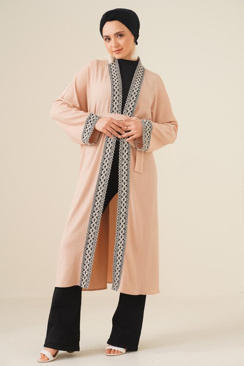 Nakışlı Örme Uzun Kimono - Bisküvi 5865
