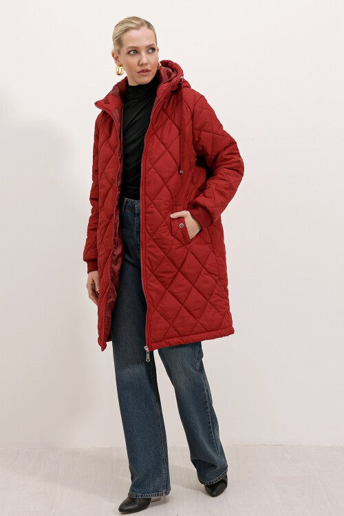 Kapitone Uzun Şişme Mont - Bordo 5138