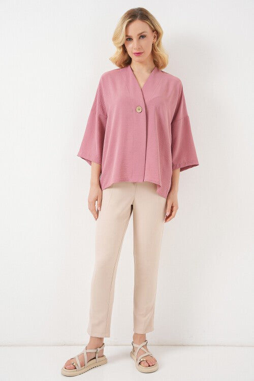 Kadın Kısa Kol Oversize Kimono 5969 - Gül Kurusu