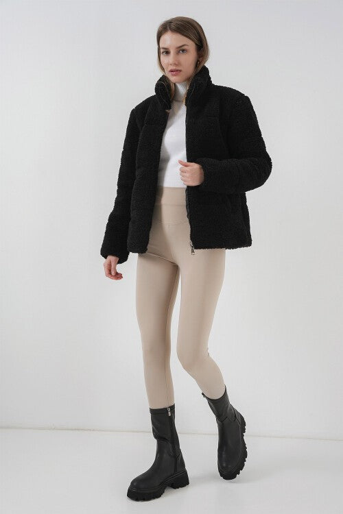 Astarlı Peluş Mont - Siyah 5178