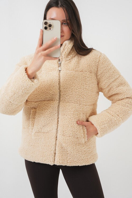 Astarlı Peluş Mont - Krem 5178