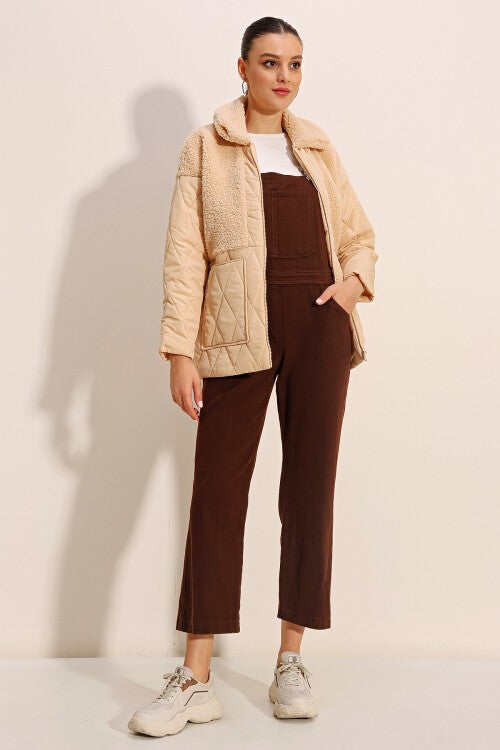 Peluş Detaylı Oversize Şişme Mont - Bej 5182