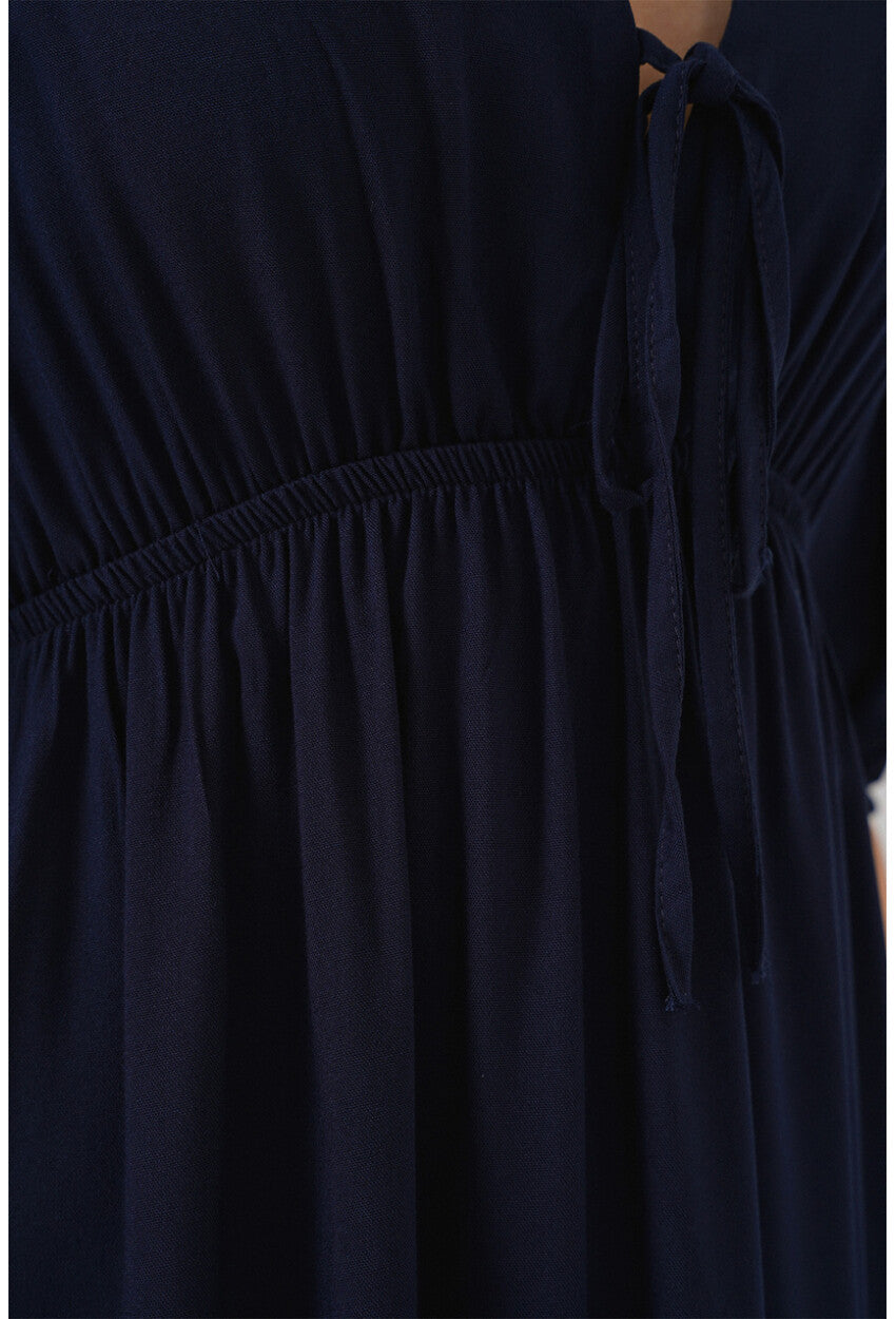 2570 Kadın Beli Büzgülü V Yaka Elbise