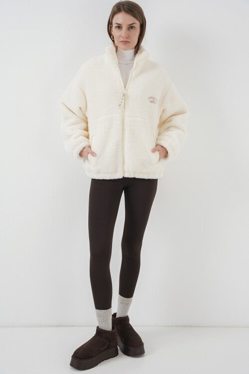 Kadın Oversize Peluş Ceket Mont - Ekru 5212