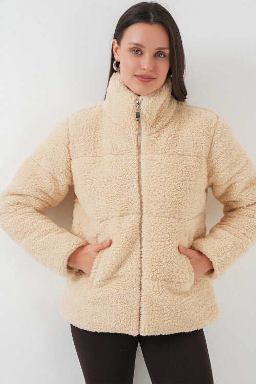Astarlı Peluş Mont - Krem 5178