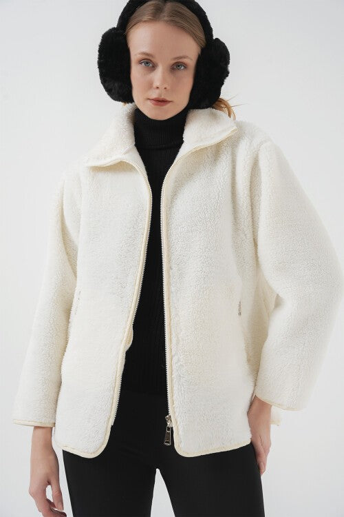 Fermuarlı Peluş Mont - Ekru 5211