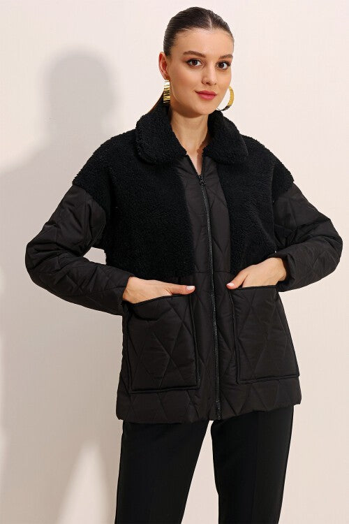 Peluş Detaylı Oversize Şişme Mont - Siyah 5182